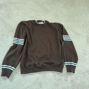 Frankie's Bikinis Brown Crewneck Sweater with Light Blue Stripes